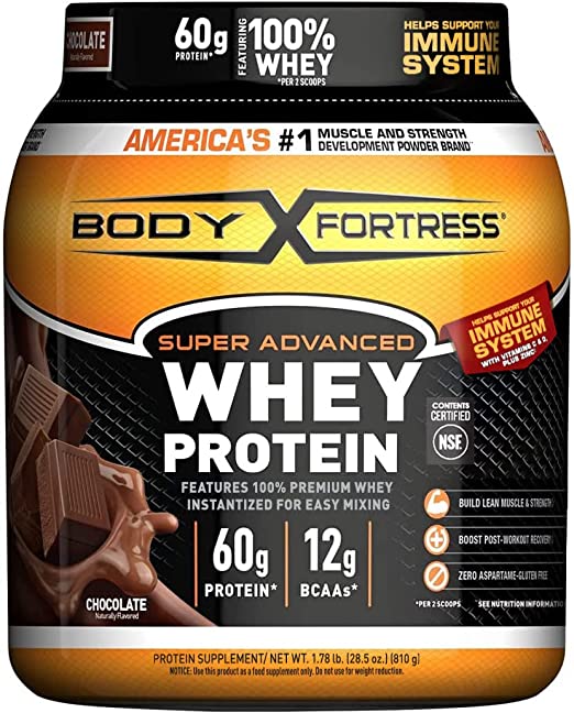 Body Fortress Super Advanced Whey Protein Powder, Chocolate, Immune Support (1), Vitamins C & D Plus Zinc, 1.78 lbs