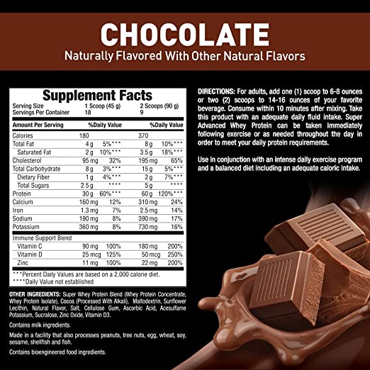 Body Fortress Super Advanced Whey Protein Powder, Chocolate, Immune Support (1), Vitamins C & D Plus Zinc, 1.78 lbs